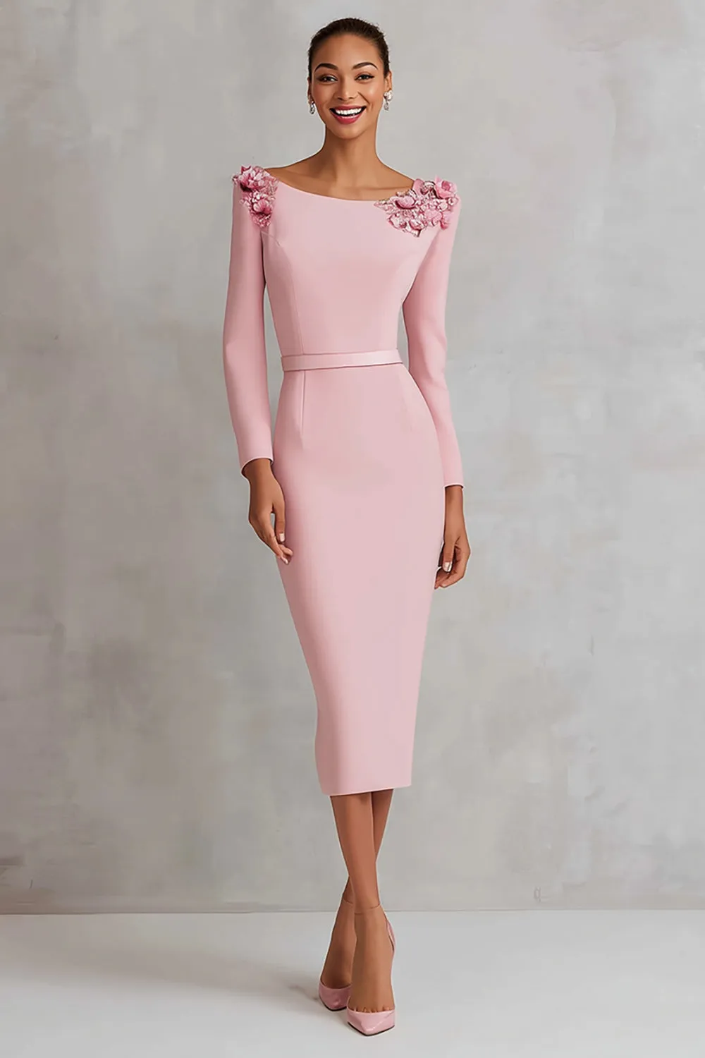 Pink Boat Neck Sheath Appliques Midi Work Dress sold by Zapaka