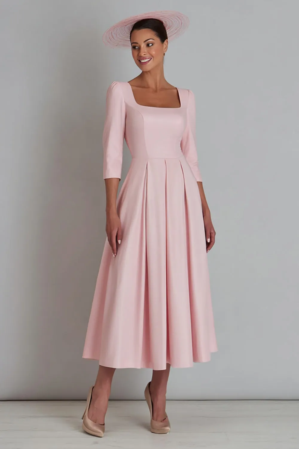 Pink Square Neck A Line Satin Work Dress with Sleeve sold by Zapaka