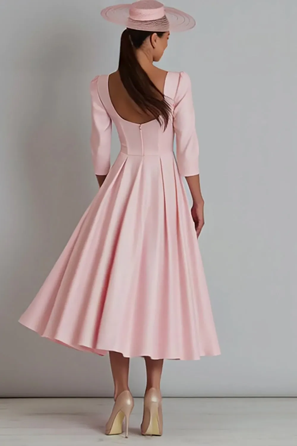 Pink Square Neck A Line Satin Work Dress with Sleeve sold by Zapaka product image thumbnail 2