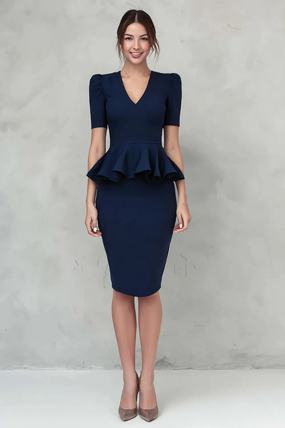 Ruffled V Neck Navy Sheath Midi Work Dress sold by Zapaka