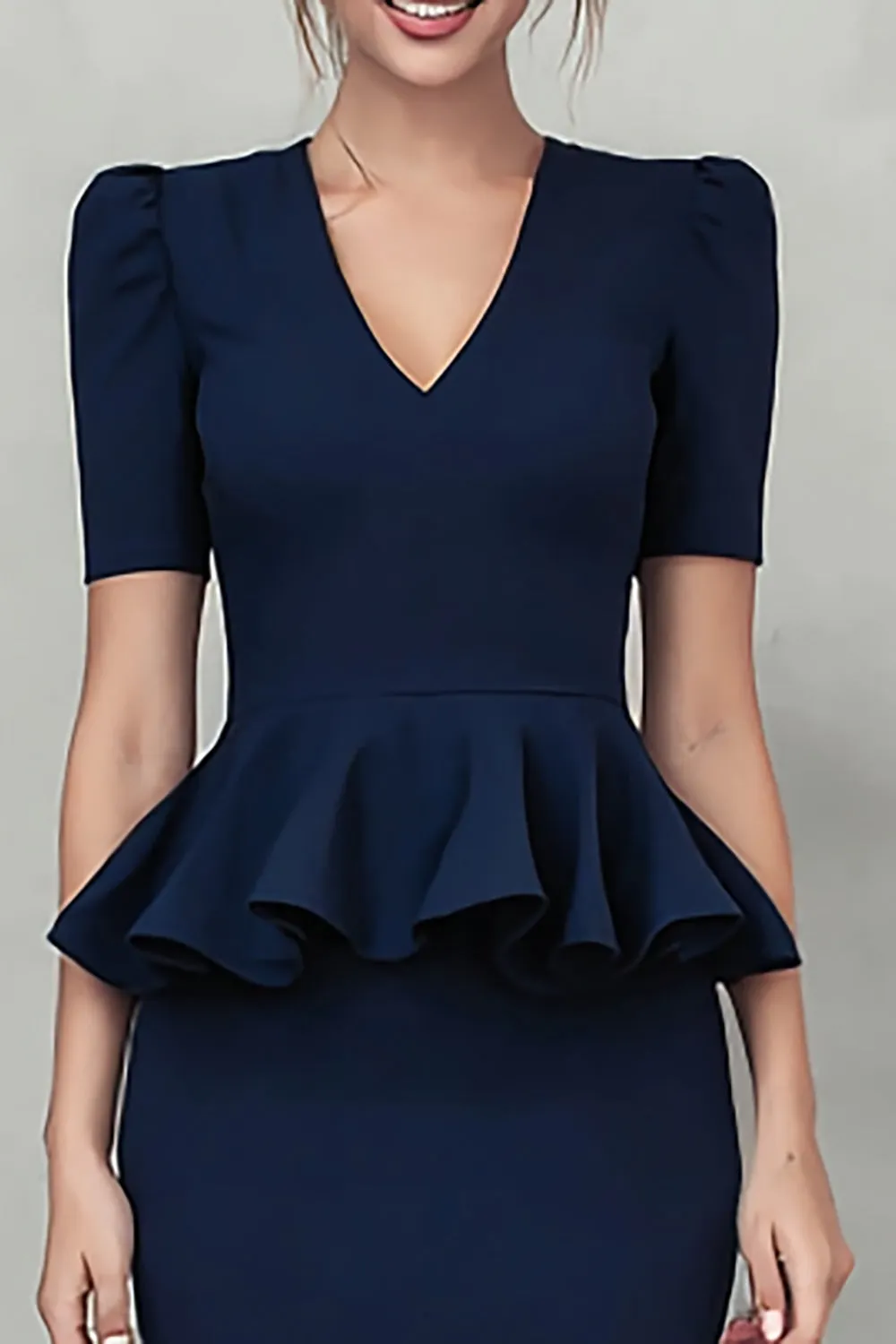 Ruffled V Neck Navy Sheath Midi Work Dress sold by Zapaka product image thumbnail 3