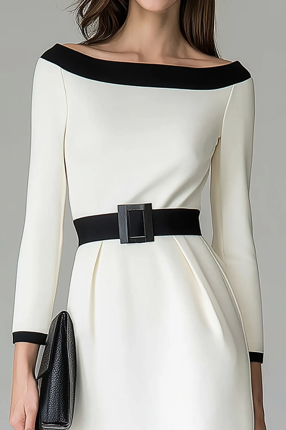 Black White Off the Shouder Sheath Midi Work Dress sold by Zapaka product image thumbnail 3