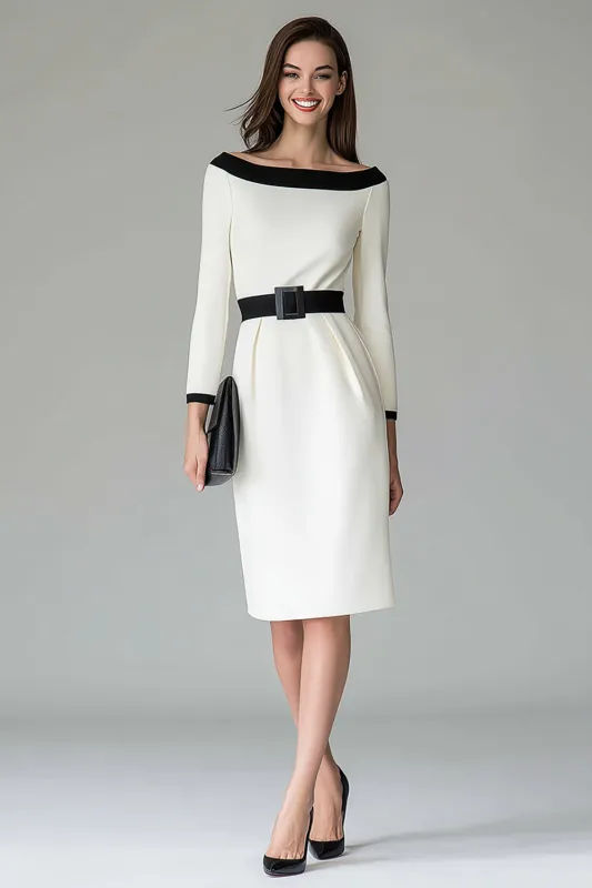 Black White Off the Shouder Sheath Midi Work Dress sold by Zapaka