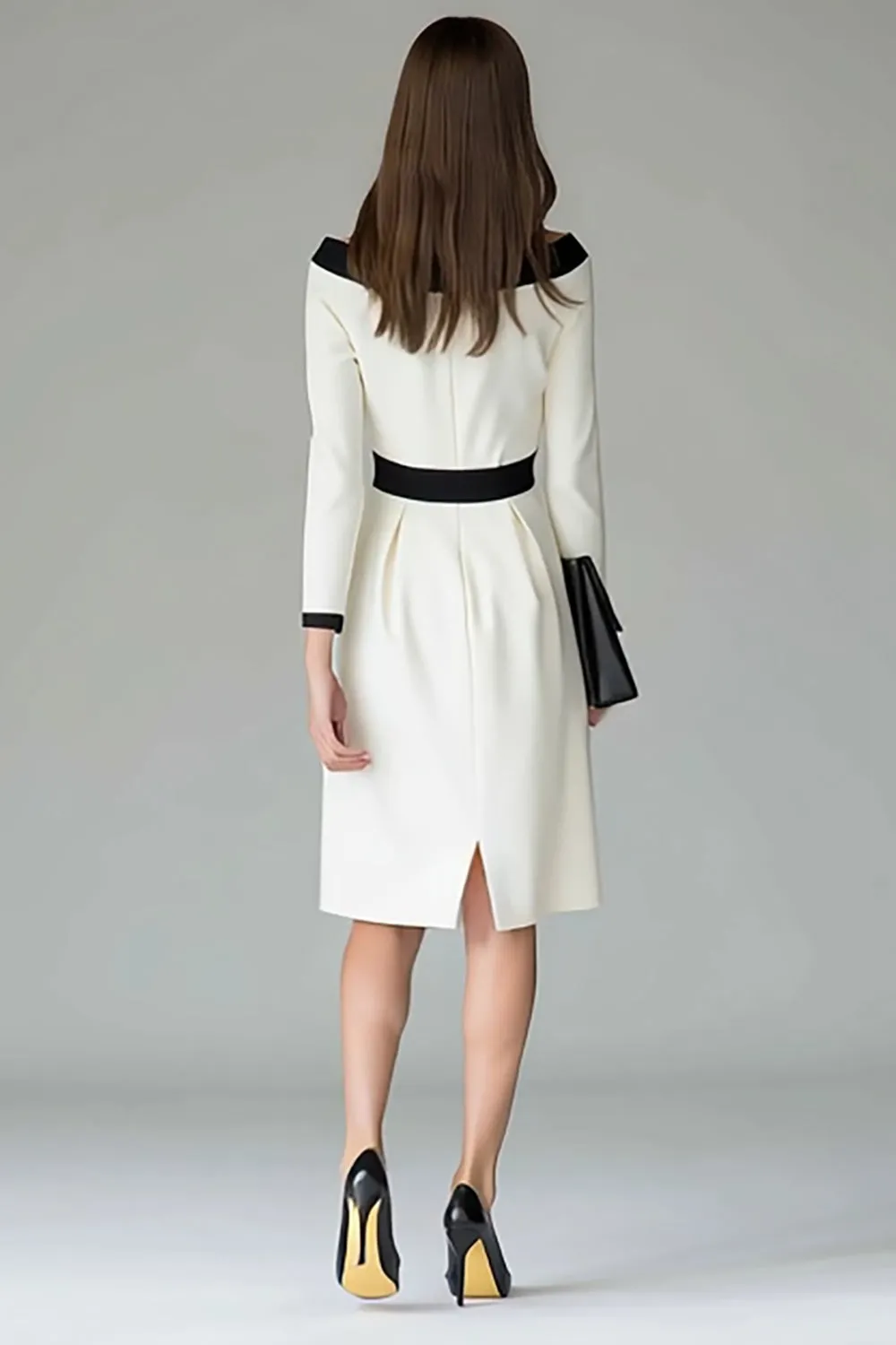 Black White Off the Shouder Sheath Midi Work Dress sold by Zapaka product image thumbnail 2