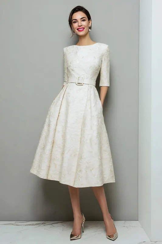 Ivory Jacquard A Line Midi Work Dress with Belt sold by Zapaka