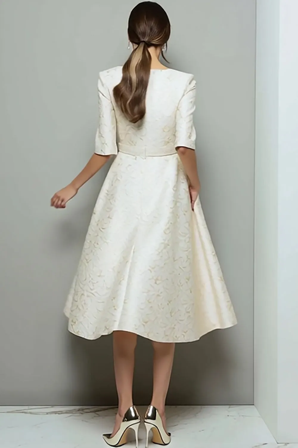 Ivory Jacquard A Line Midi Work Dress with Belt sold by Zapaka product image thumbnail 2