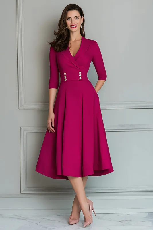 Fuchsia V Neck A Line Satin Midi Work Dress sold by Zapaka