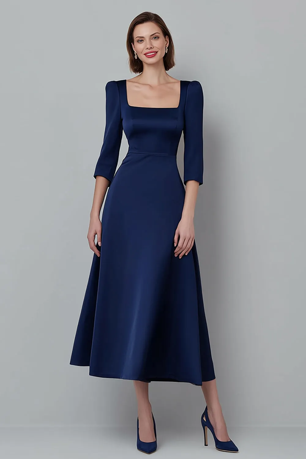 Square Neck Satin Navy A Line Midi Work Dress sold by Zapaka