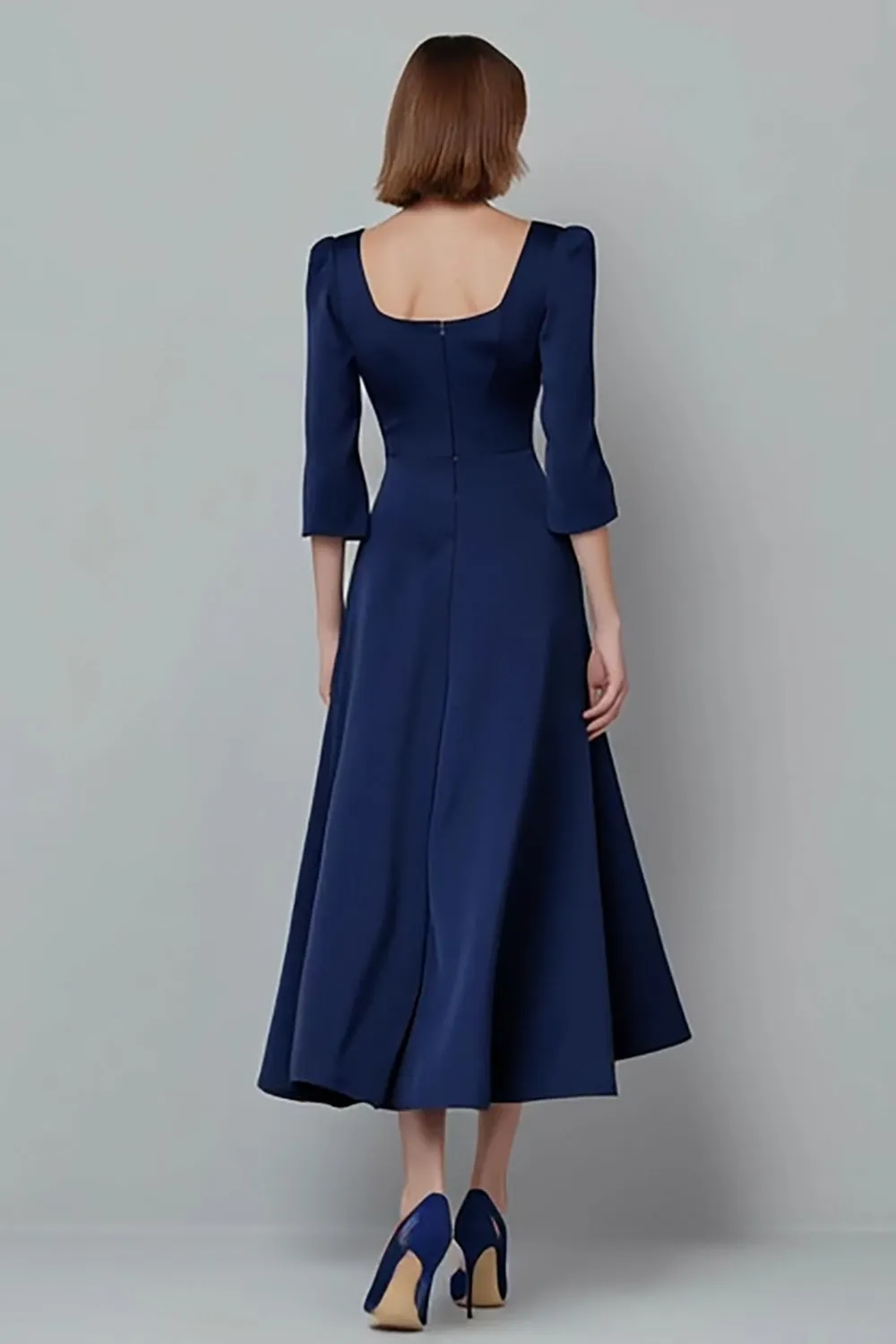 Square Neck Satin Navy A Line Midi Work Dress sold by Zapaka product image thumbnail 2