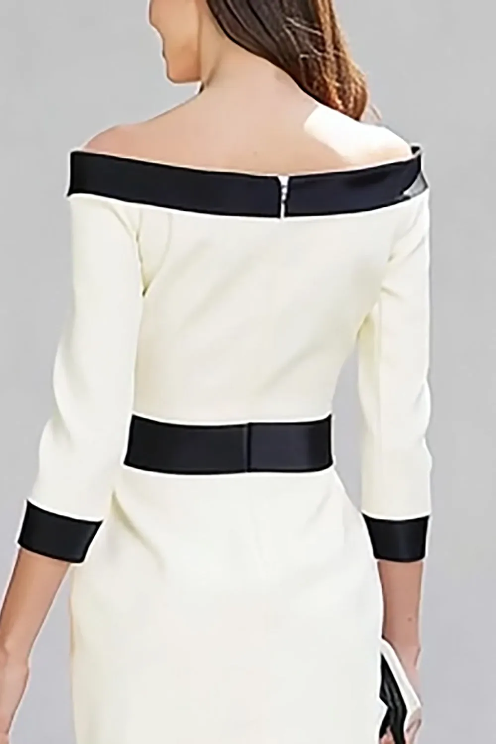 Black White Off the Shoulder Sheath Midi Work Dress sold by Zapaka product image thumbnail 4