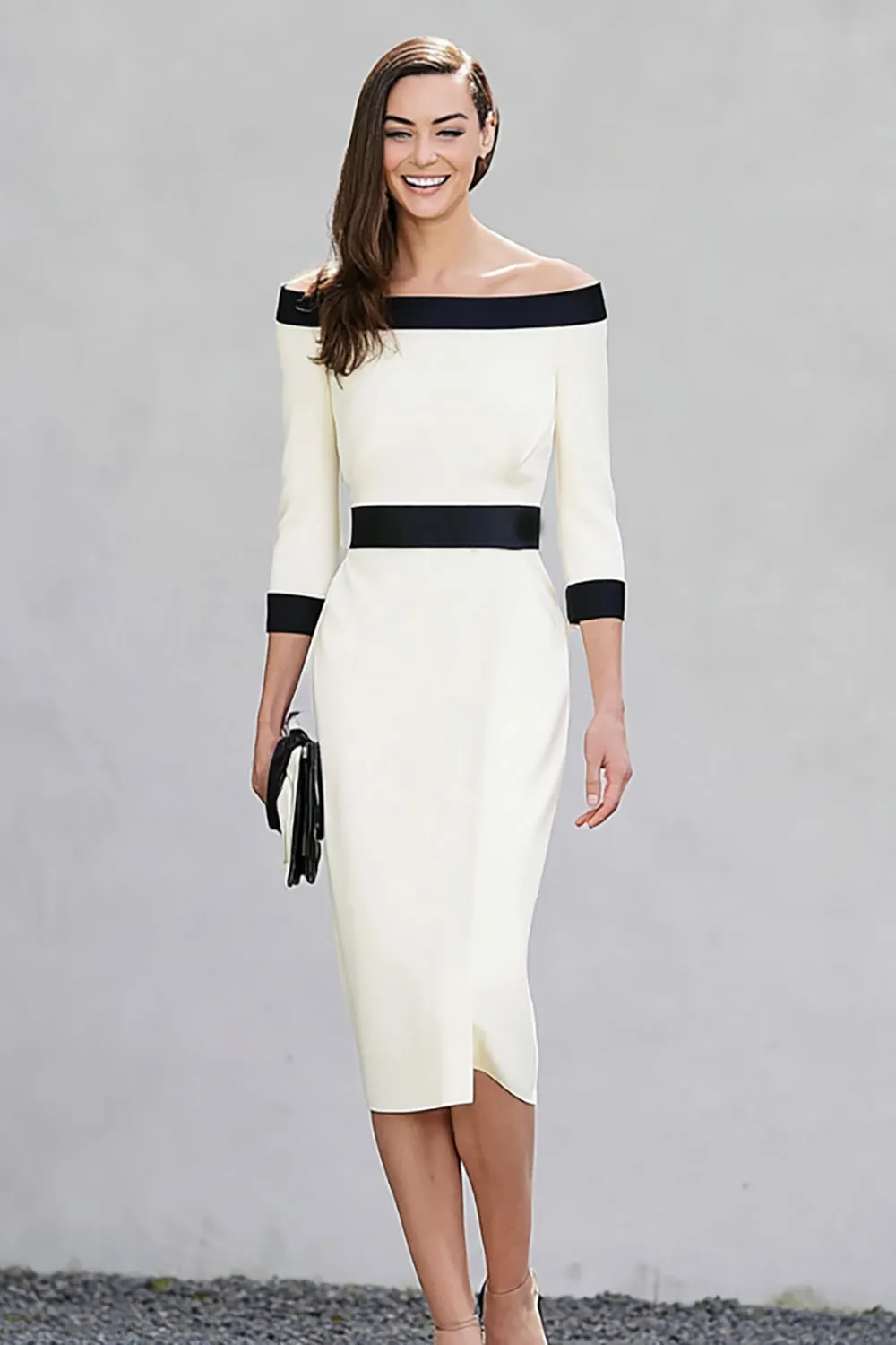 Black White Off the Shoulder Sheath Midi Work Dress sold by Zapaka