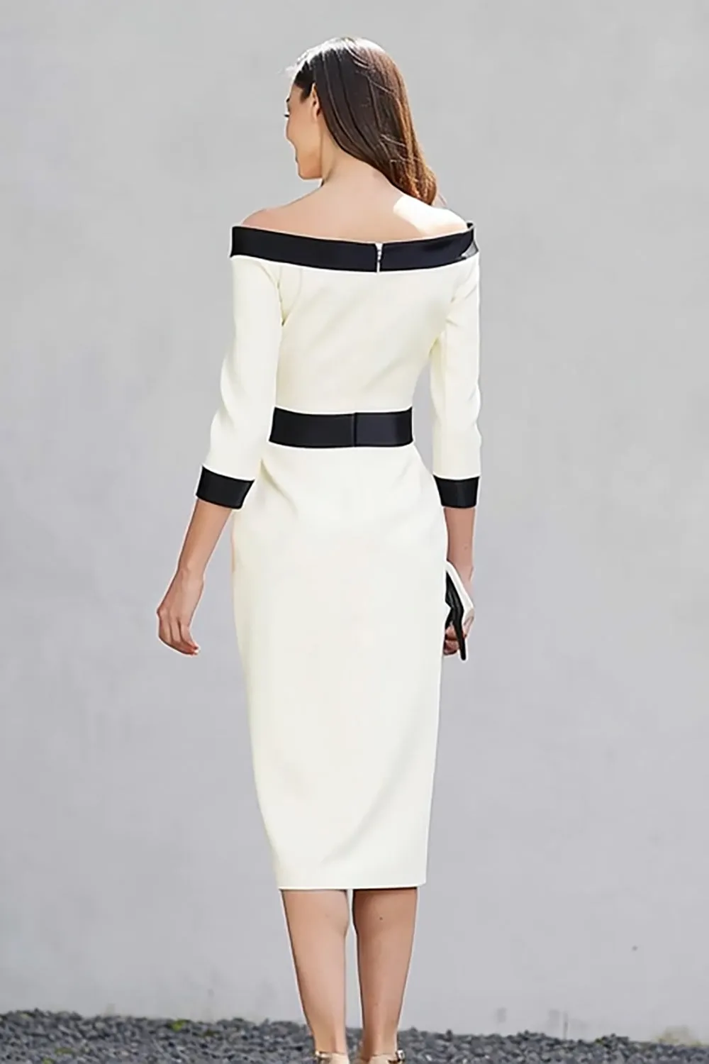 Black White Off the Shoulder Sheath Midi Work Dress sold by Zapaka product image thumbnail 2