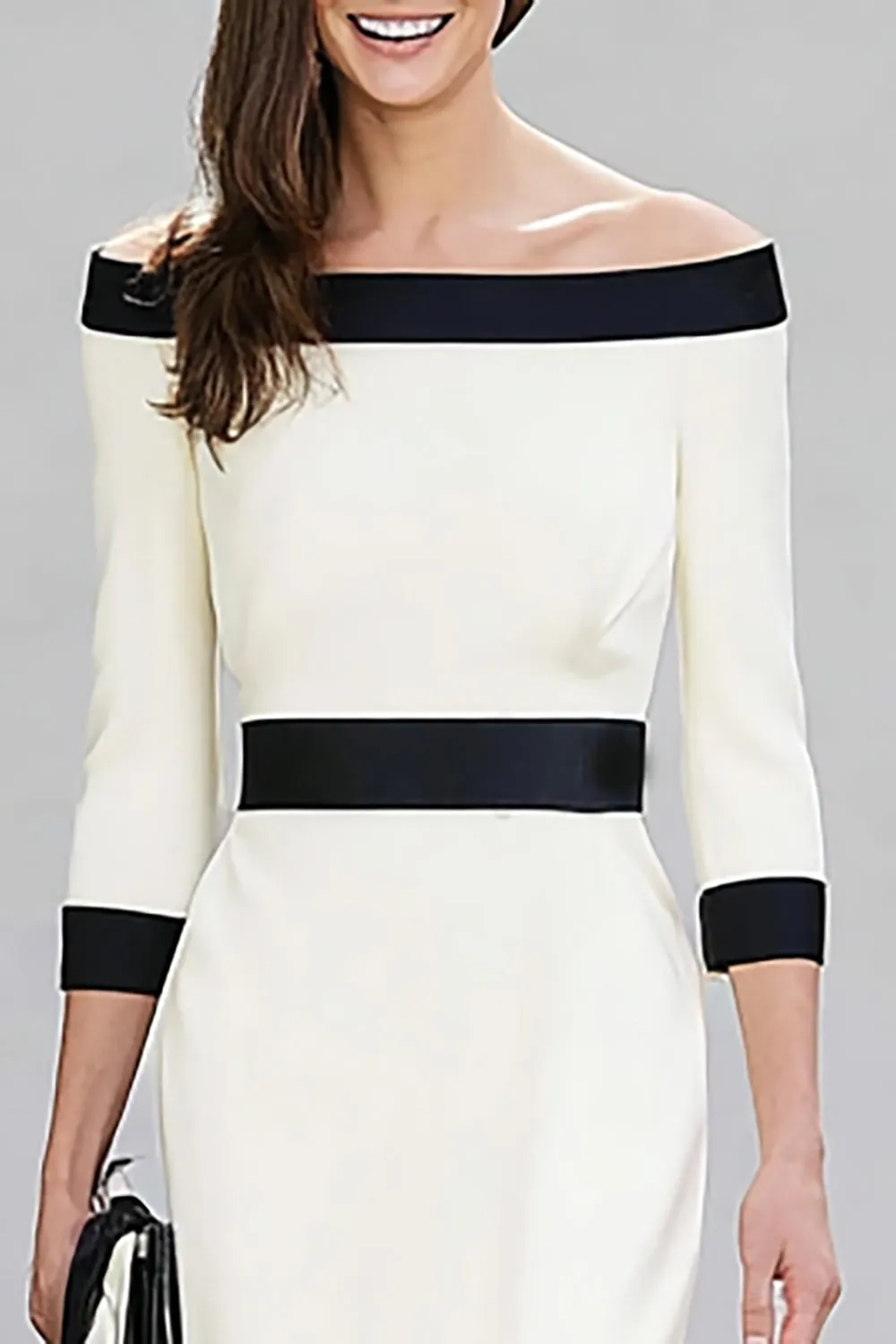 Black White Off the Shoulder Sheath Midi Work Dress sold by Zapaka product image thumbnail 3