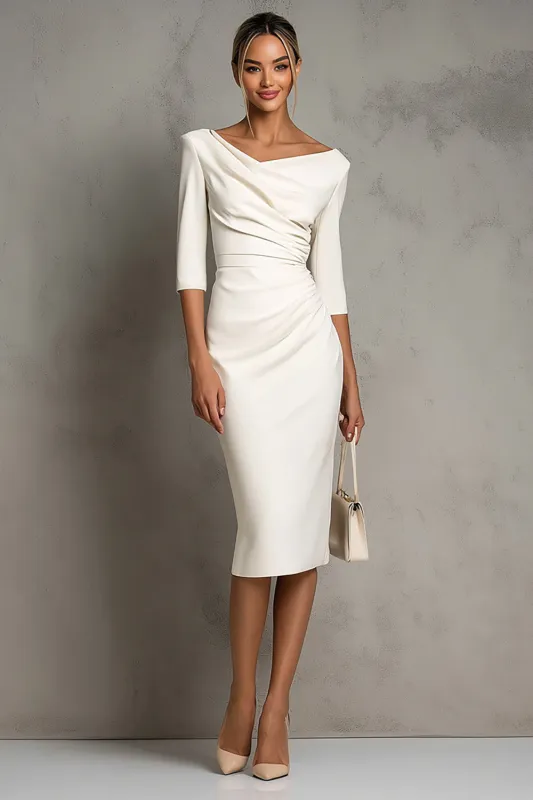 Ivory Sheath Ruched Midi Work Dress with Short Sleeve sold by Zapaka