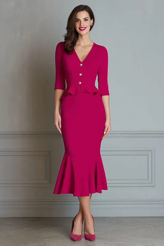 Fuchsia V Neck Mermaid Midi Work Dress with Sleeve sold by Zapaka