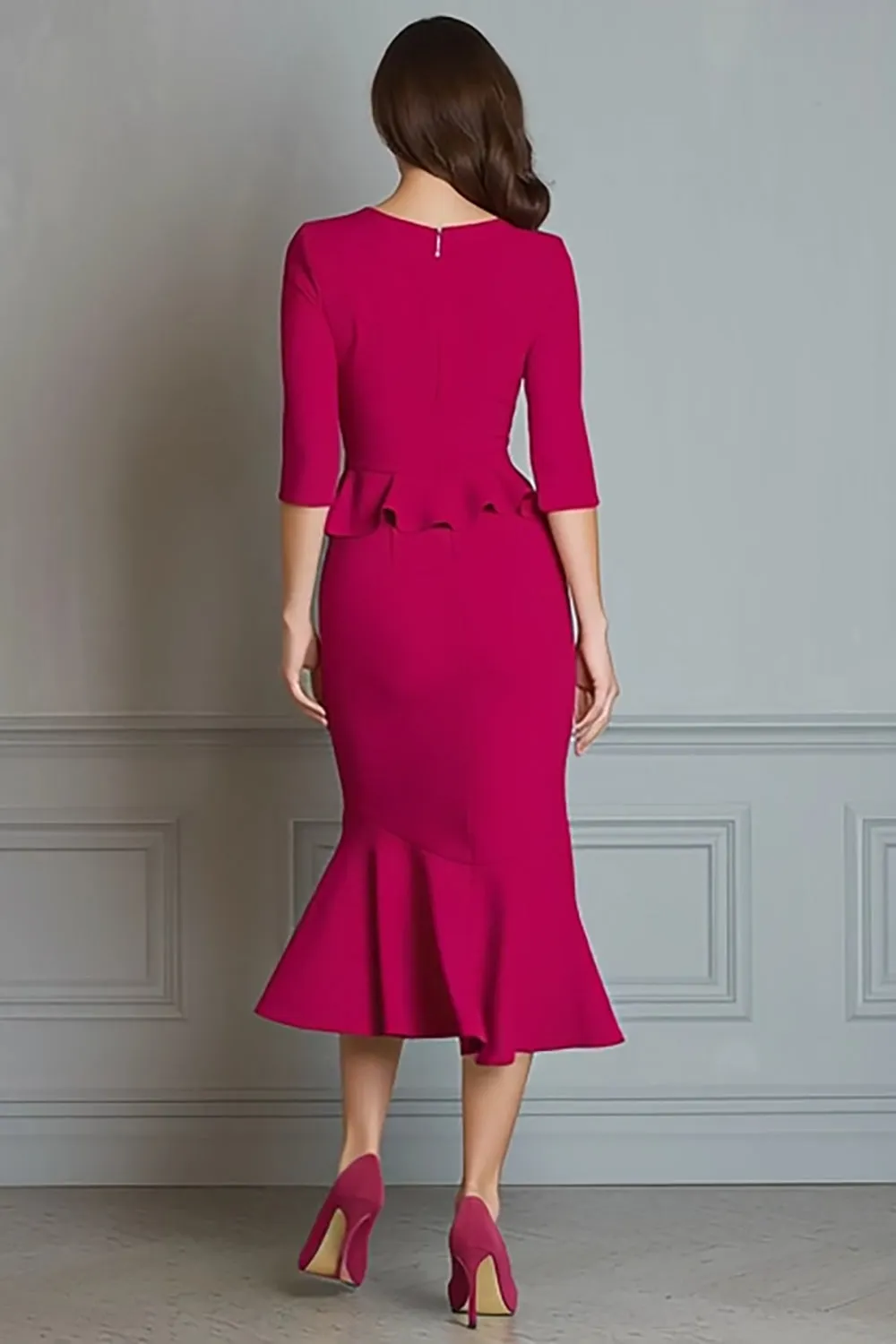 Fuchsia V Neck Mermaid Midi Work Dress with Sleeve sold by Zapaka product image thumbnail 2