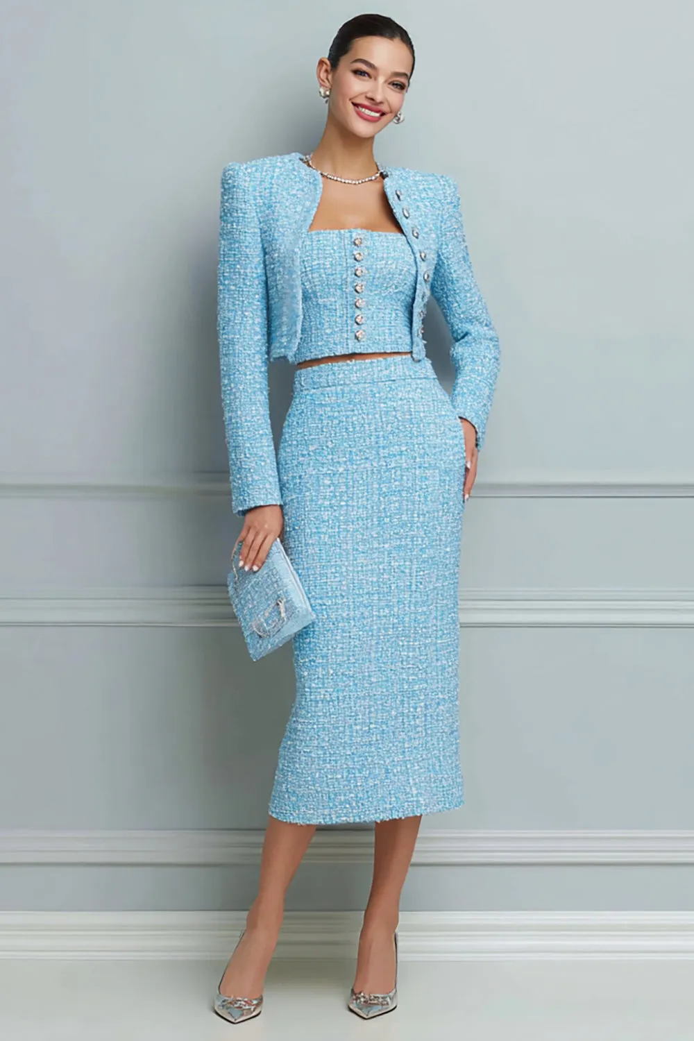 Light Blue Bodycon 3-Piece Long Sleeve Work Dress sold by Zapaka