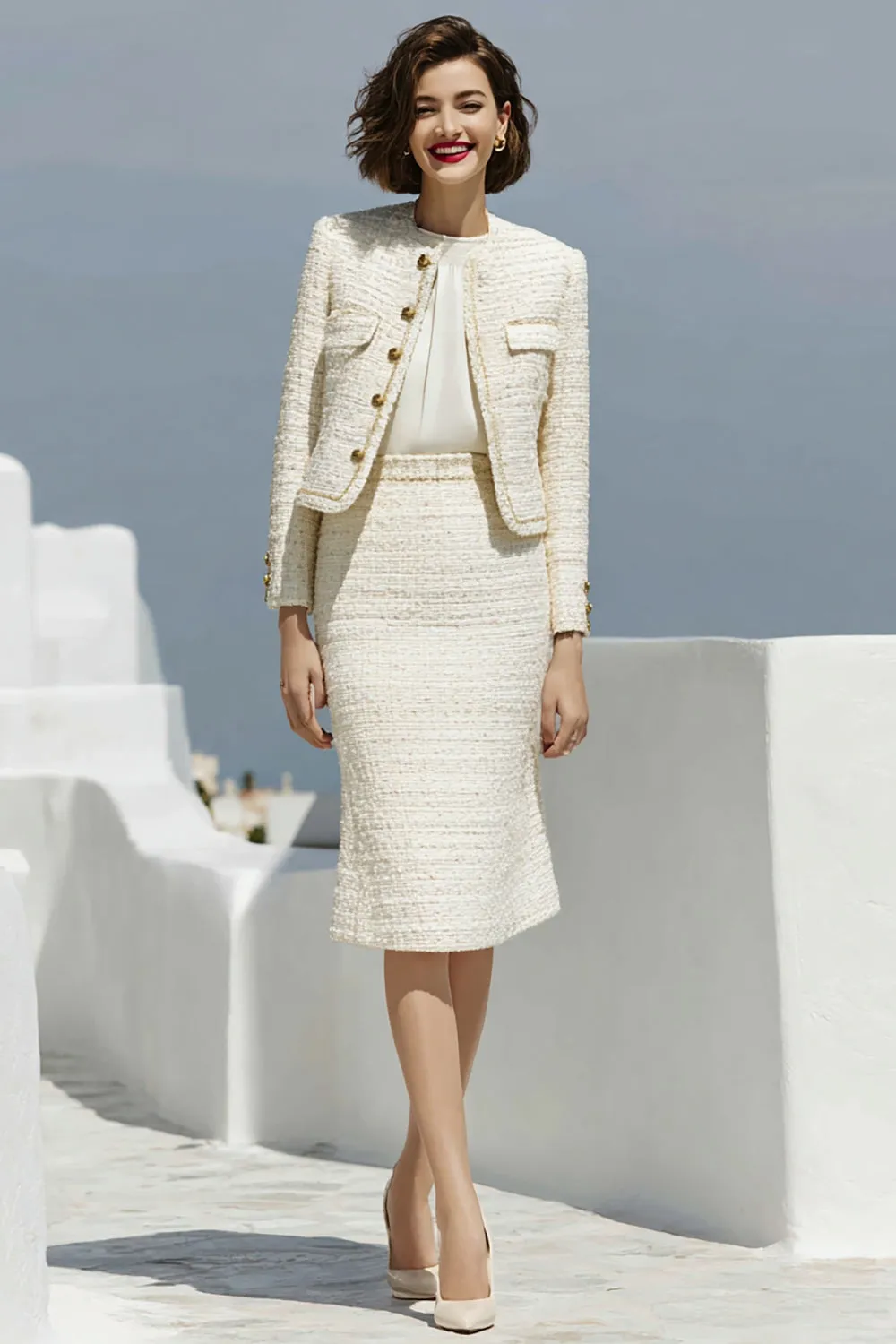 Ivory Bodycon 2-Piece Round Neck Work Dress sold by Zapaka