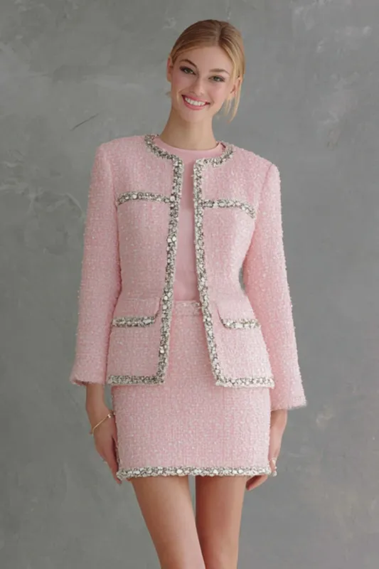 2 Piece Pink Tweed Bodycon Long Sleeves Short Work Dress sold by Zapaka