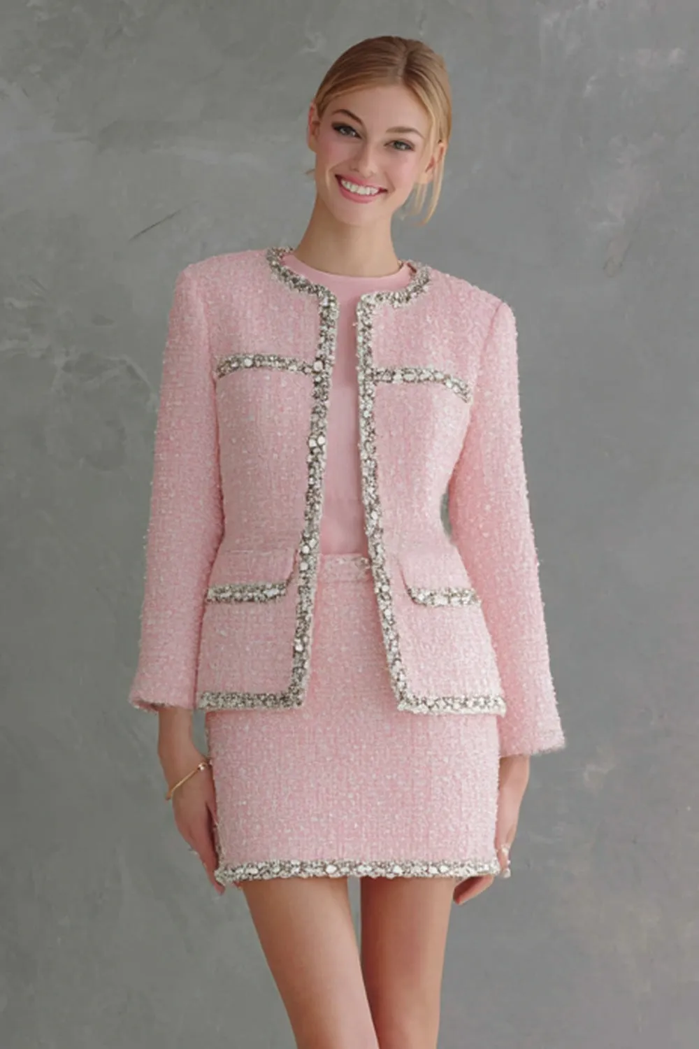 2 Piece Pink Tweed Bodycon Long Sleeves Short Work Dress sold by Zapaka