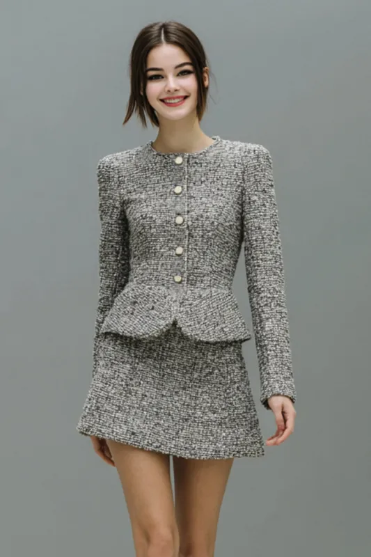Grey 2 Piece Tweed Single Breasted Short Work Dress with Sleeves sold by Zapaka