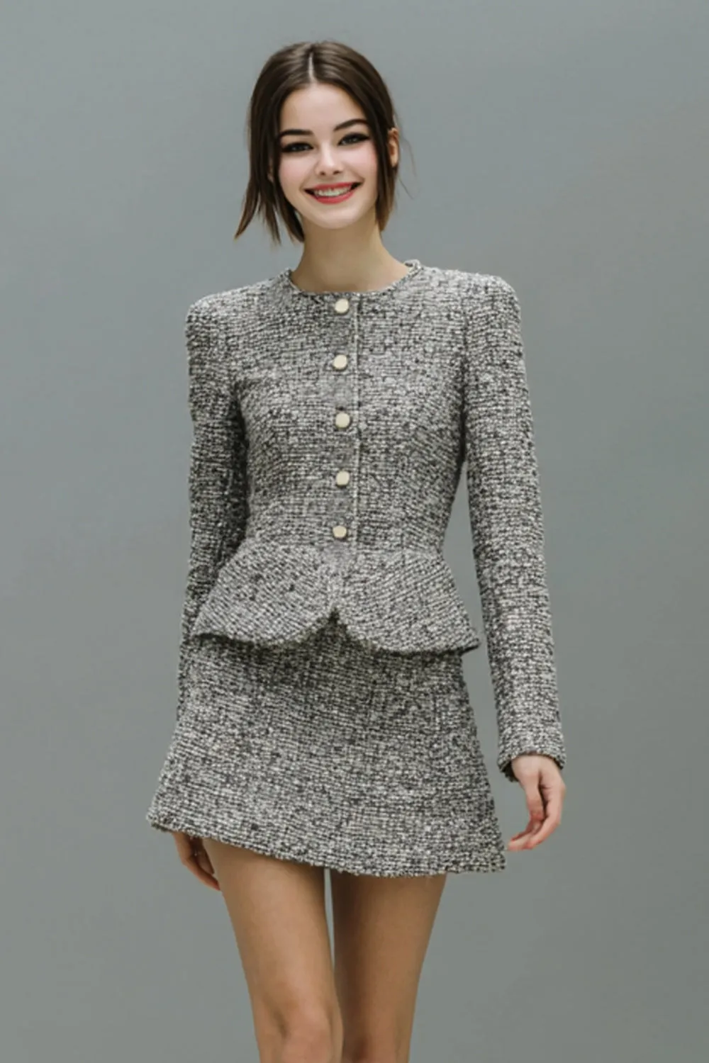 Grey 2 Piece Tweed Single Breasted Short Work Dress with Sleeves sold by Zapaka