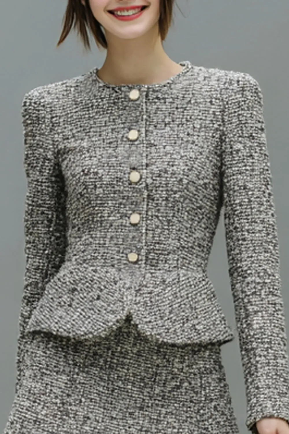 Grey 2 Piece Tweed Single Breasted Short Work Dress with Sleeves sold by Zapaka product image thumbnail 2