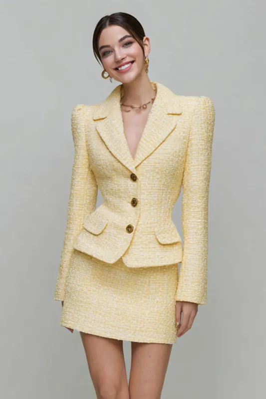 Light Yellow 2 Piece Notched Lapel Pencil Tweed Short Blazer Dress with Sleeves sold by Zapaka