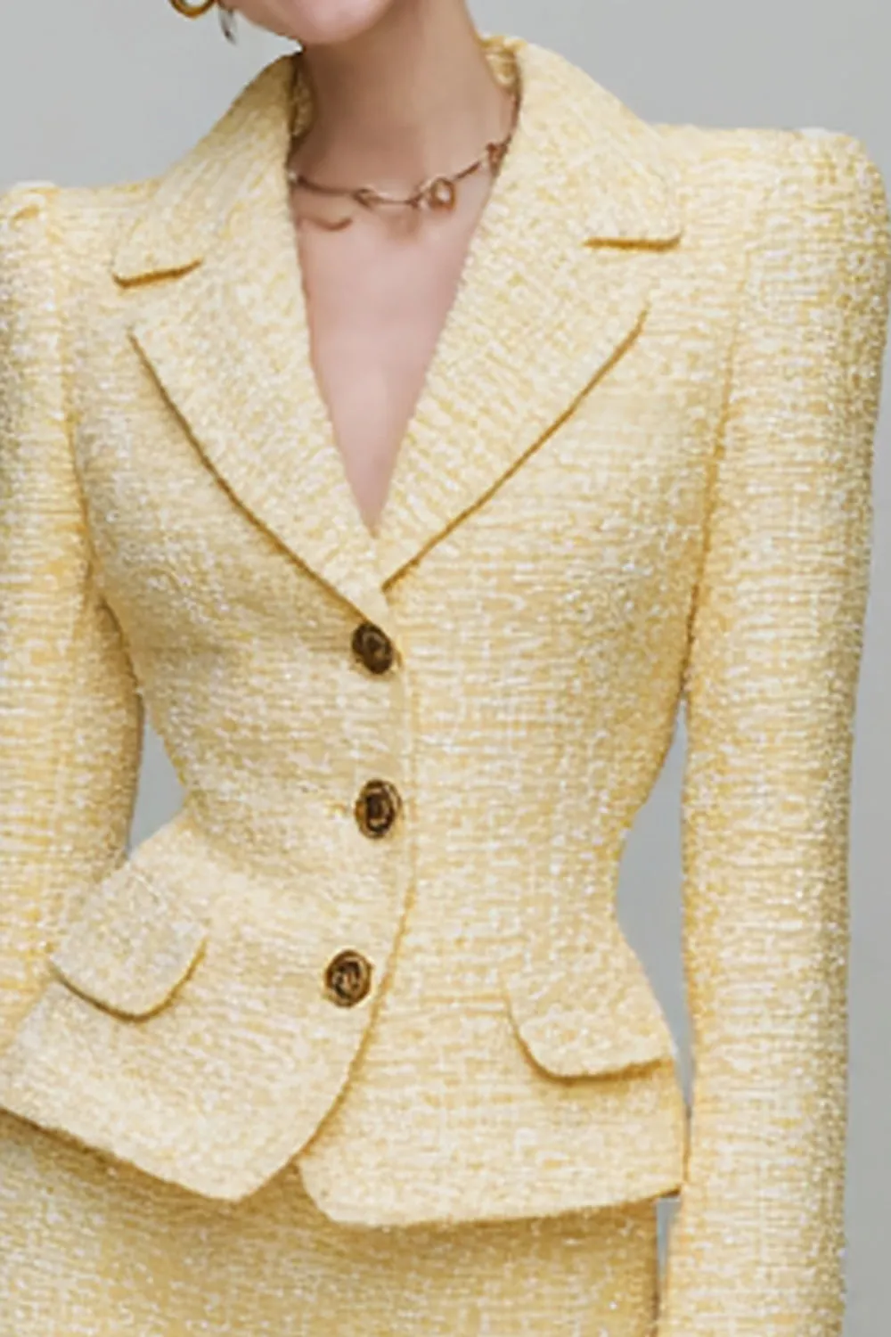 Light Yellow 2 Piece Notched Lapel Pencil Tweed Short Blazer Dress with Sleeves sold by Zapaka product image thumbnail 2