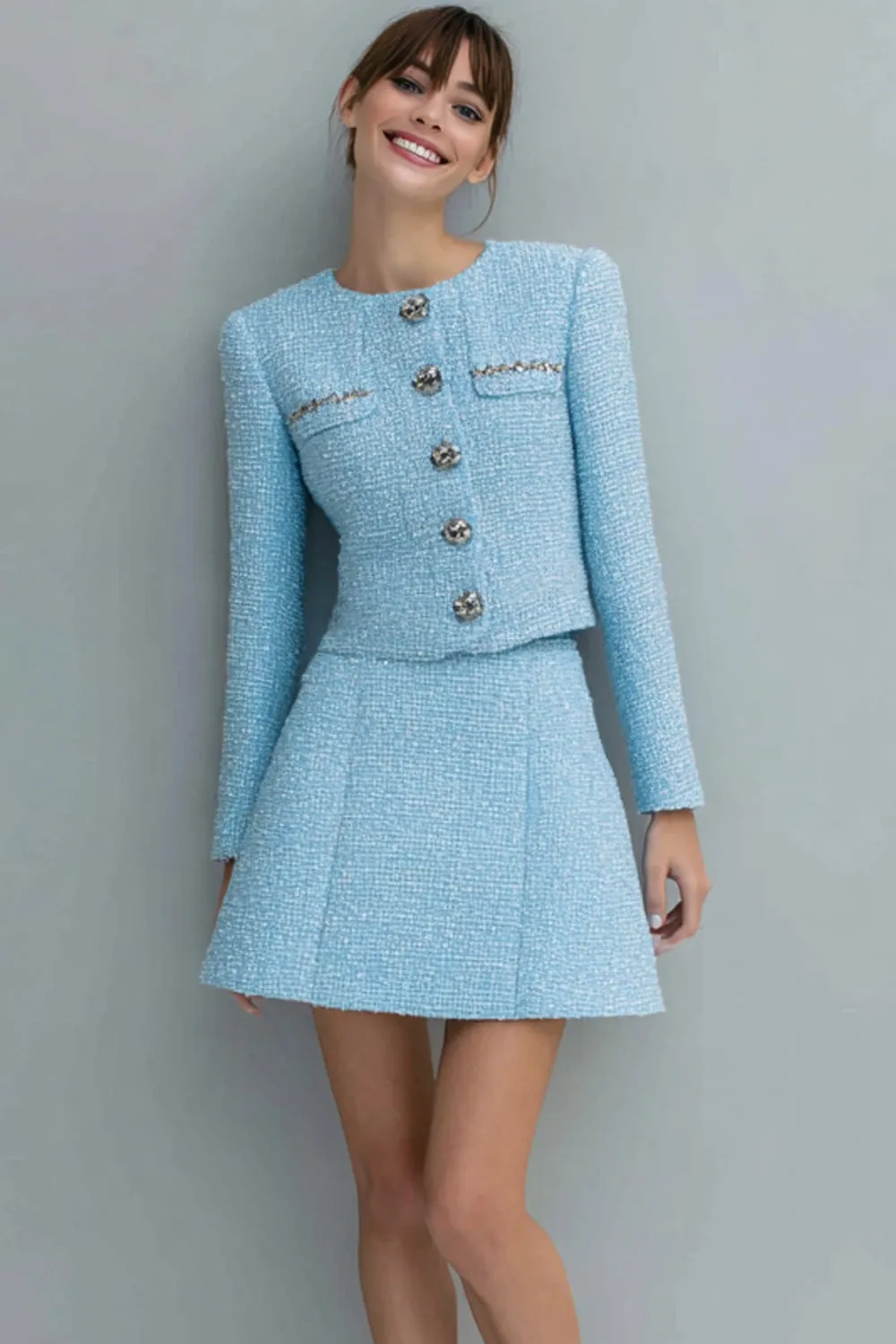 Light Blue 2 Piece A Line Tweed Single Breasted Long Sleeves Short Work Dress sold by Zapaka