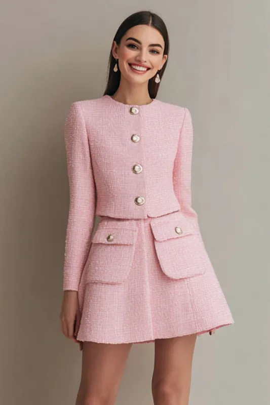 Pink 2 Piece Tweed A Line Long Sleeves Single Breasted Short Work Dress with Pockets sold by Zapaka