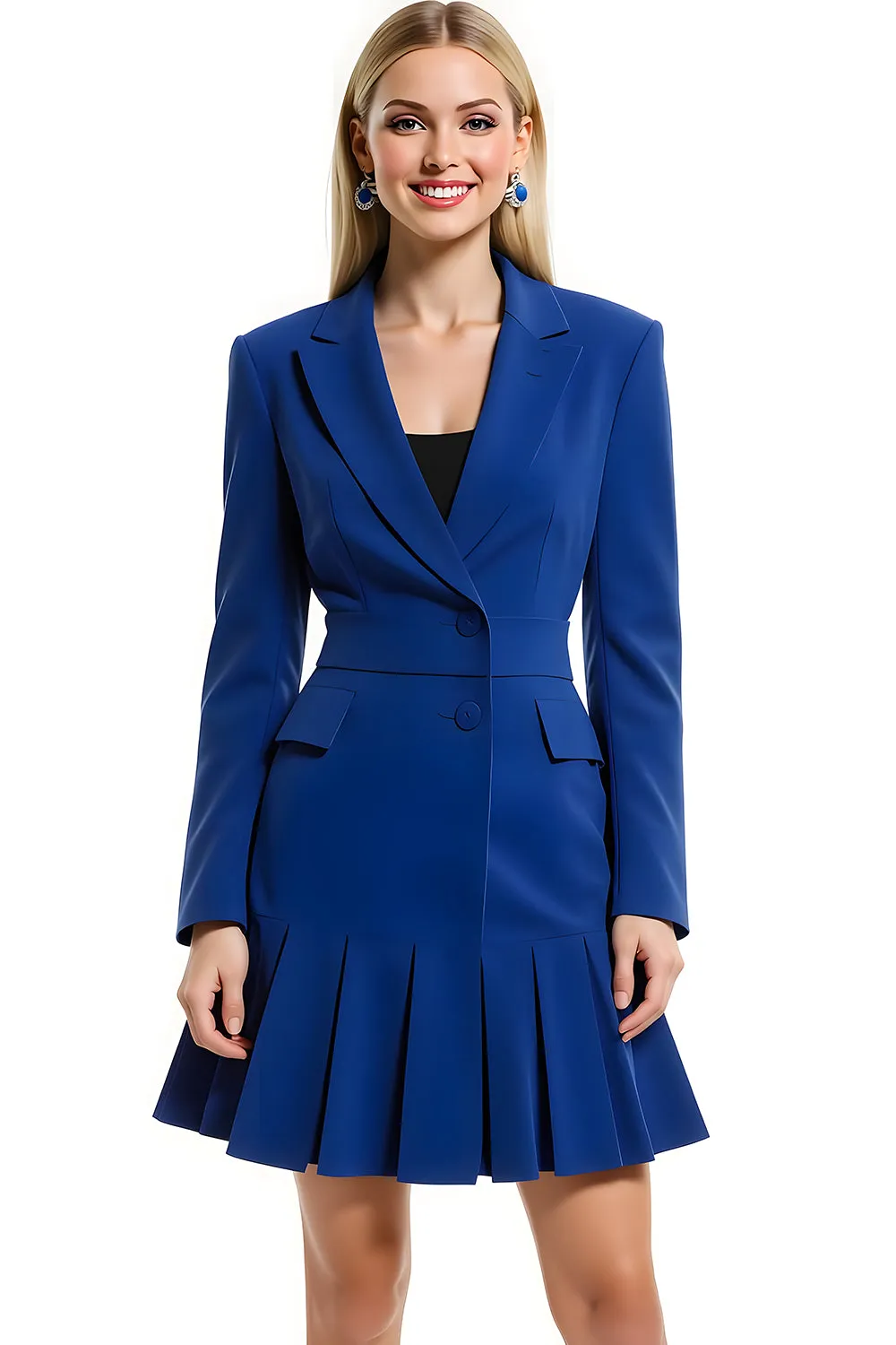 Royal Blue Peak Lapel Long Sleeves Short Blazer Dress sold by Zapaka