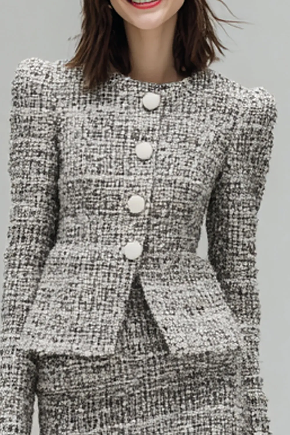 Grey 2 Piece Tweed Pencil Single Breasted Short Work Dress with Sleeves sold by Zapaka product image thumbnail 2
