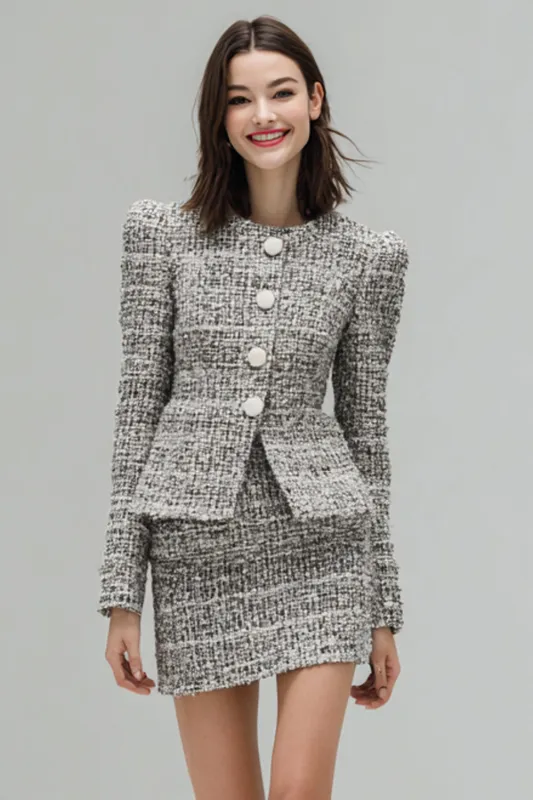 Grey 2 Piece Tweed Pencil Single Breasted Short Work Dress with Sleeves sold by Zapaka