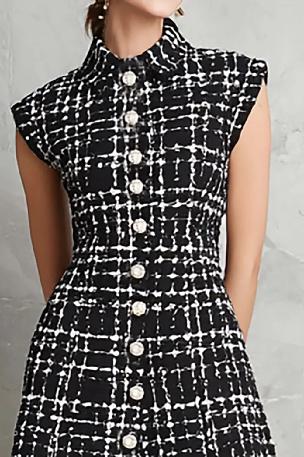 Black Tweed Plaid Single Breasted A Line Midi Work Dress sold by Zapaka product image thumbnail 3