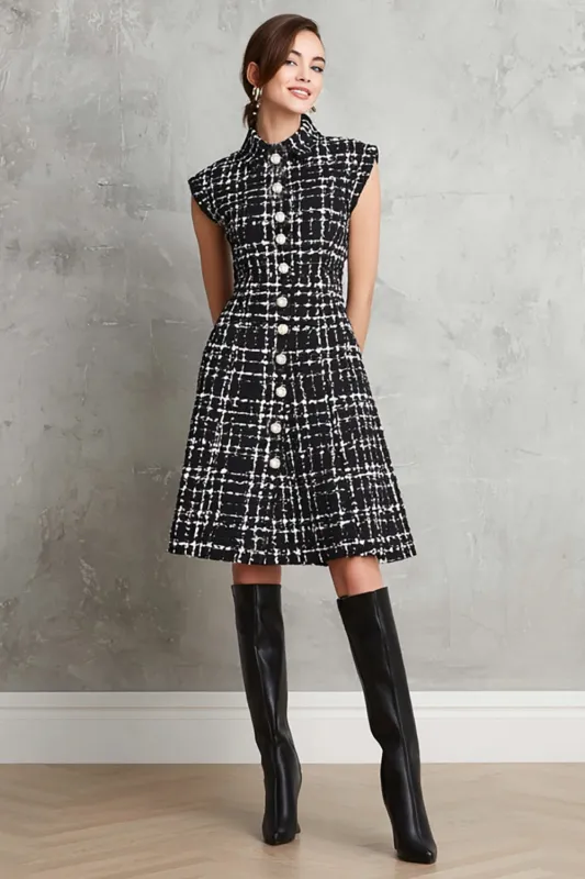 Black Tweed Plaid Single Breasted A Line Midi Work Dress sold by Zapaka
