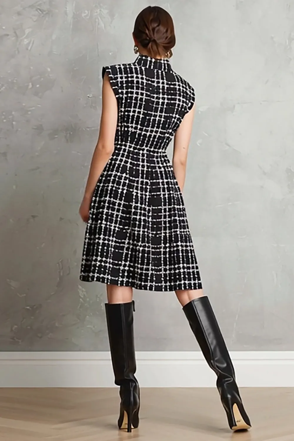 Black Tweed Plaid Single Breasted A Line Midi Work Dress sold by Zapaka product image thumbnail 2