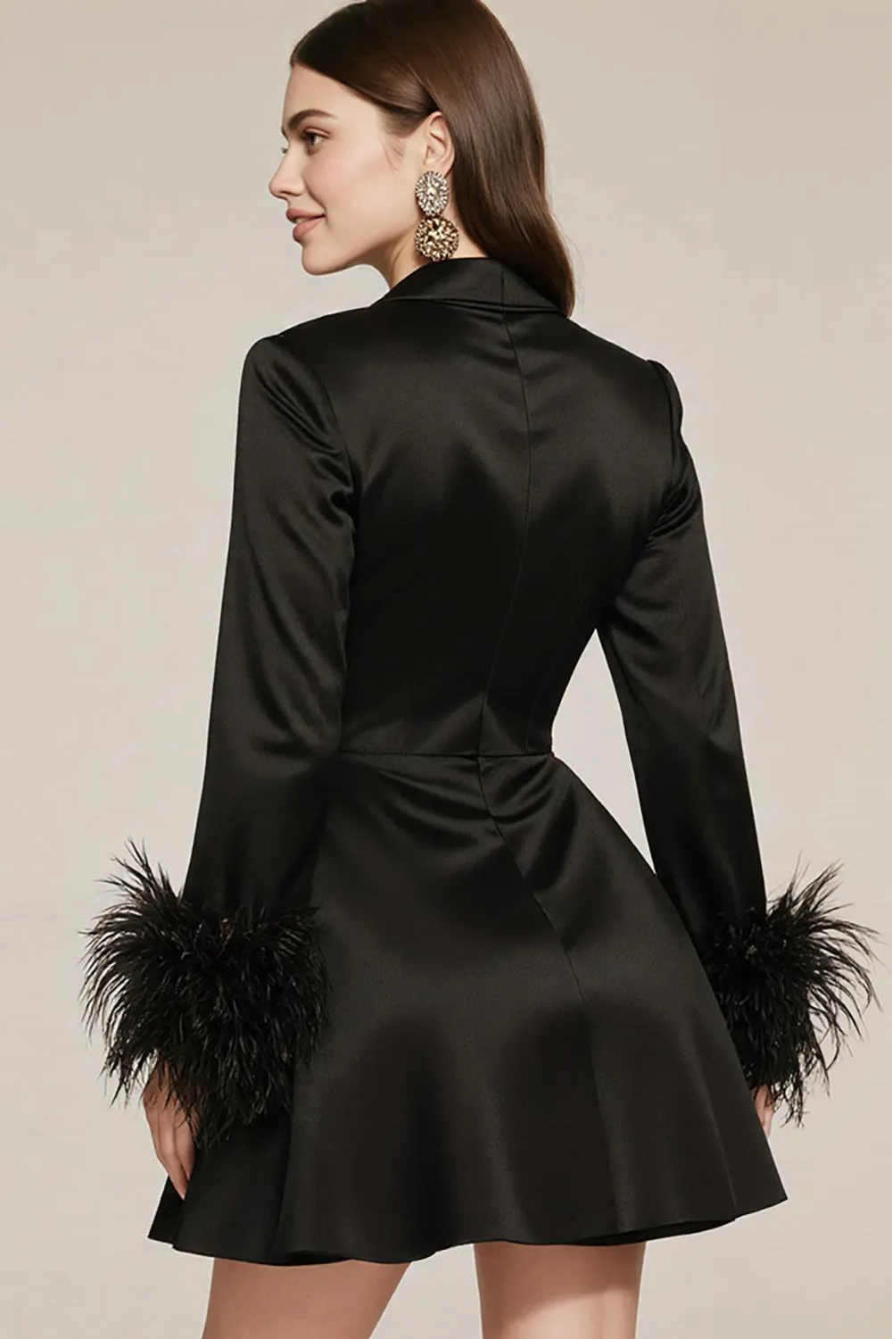 Black Satin Notched Lapel A Line Short Cocktail Dress with Feather sold by Zapaka product image thumbnail 2