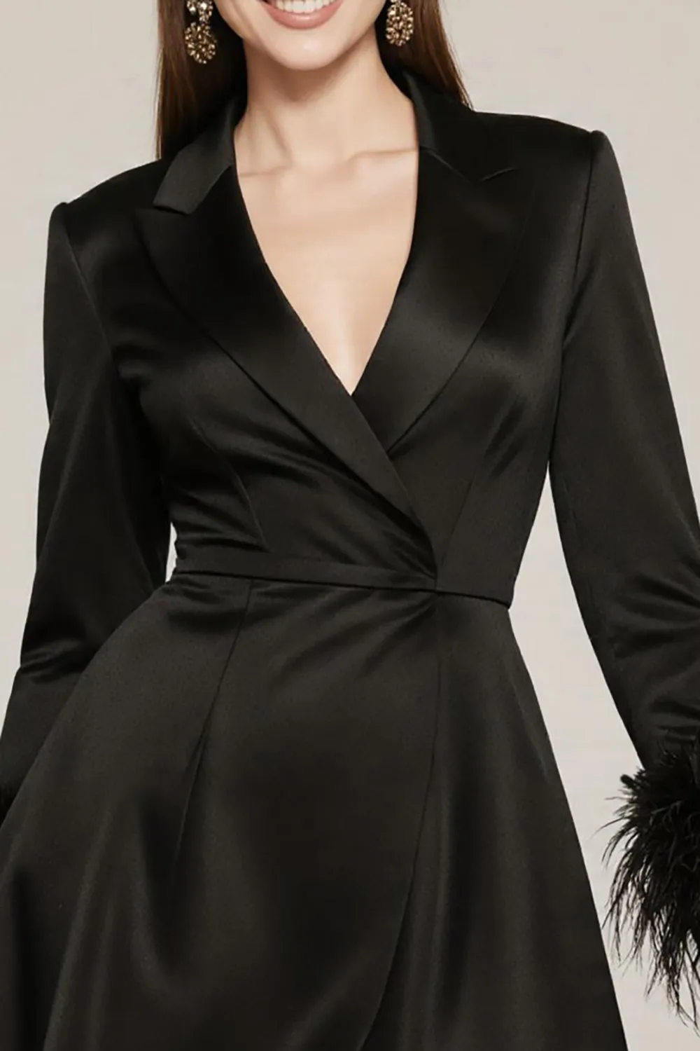 Black Satin Notched Lapel A Line Short Cocktail Dress with Feather sold by Zapaka product image thumbnail 3