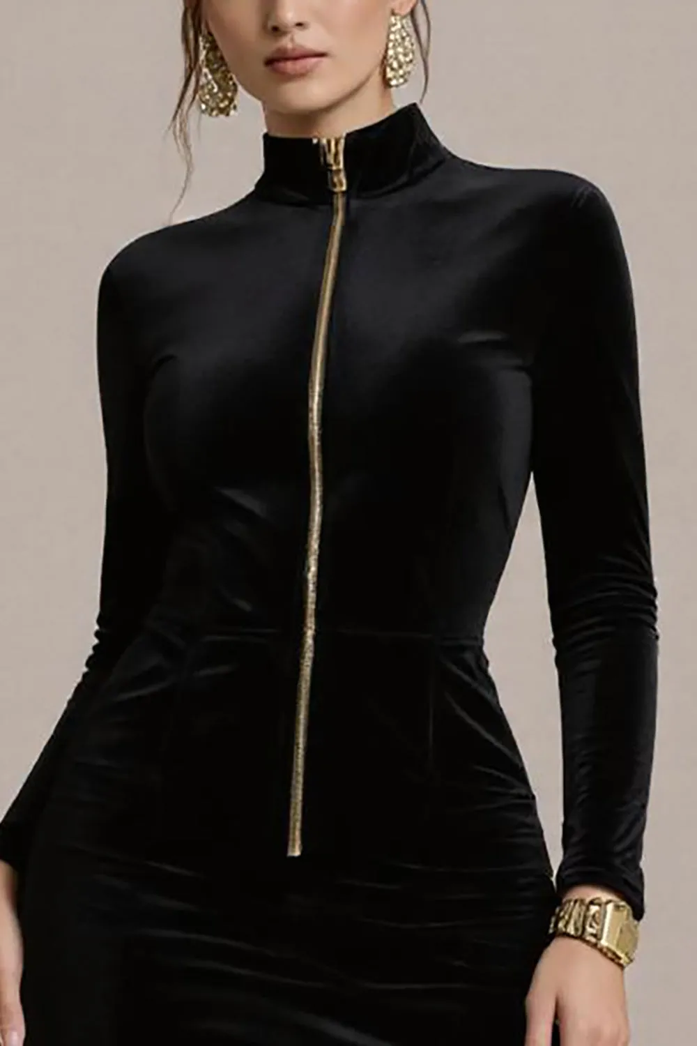 Black Velvet High Neck Bodycon Short Cocktail Dress with Sleeves sold by Zapaka product image thumbnail 3