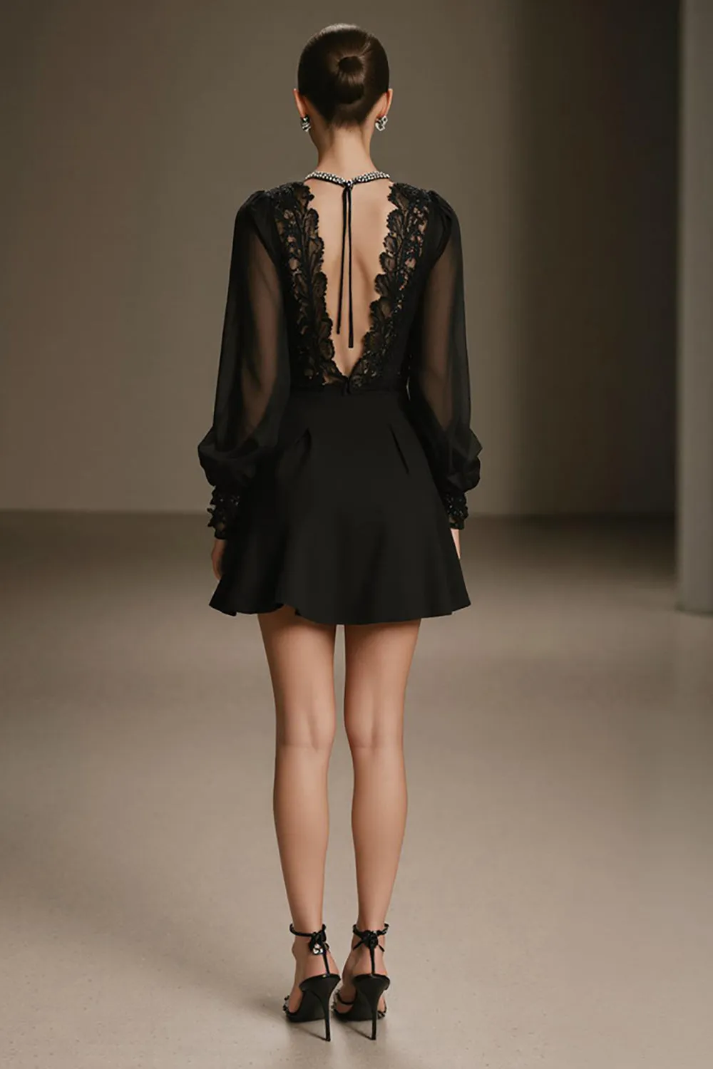 Black Chiffon Deep V-Neck A Line Short Cocktail Dress with Sleeves sold by Zapaka product image thumbnail 2