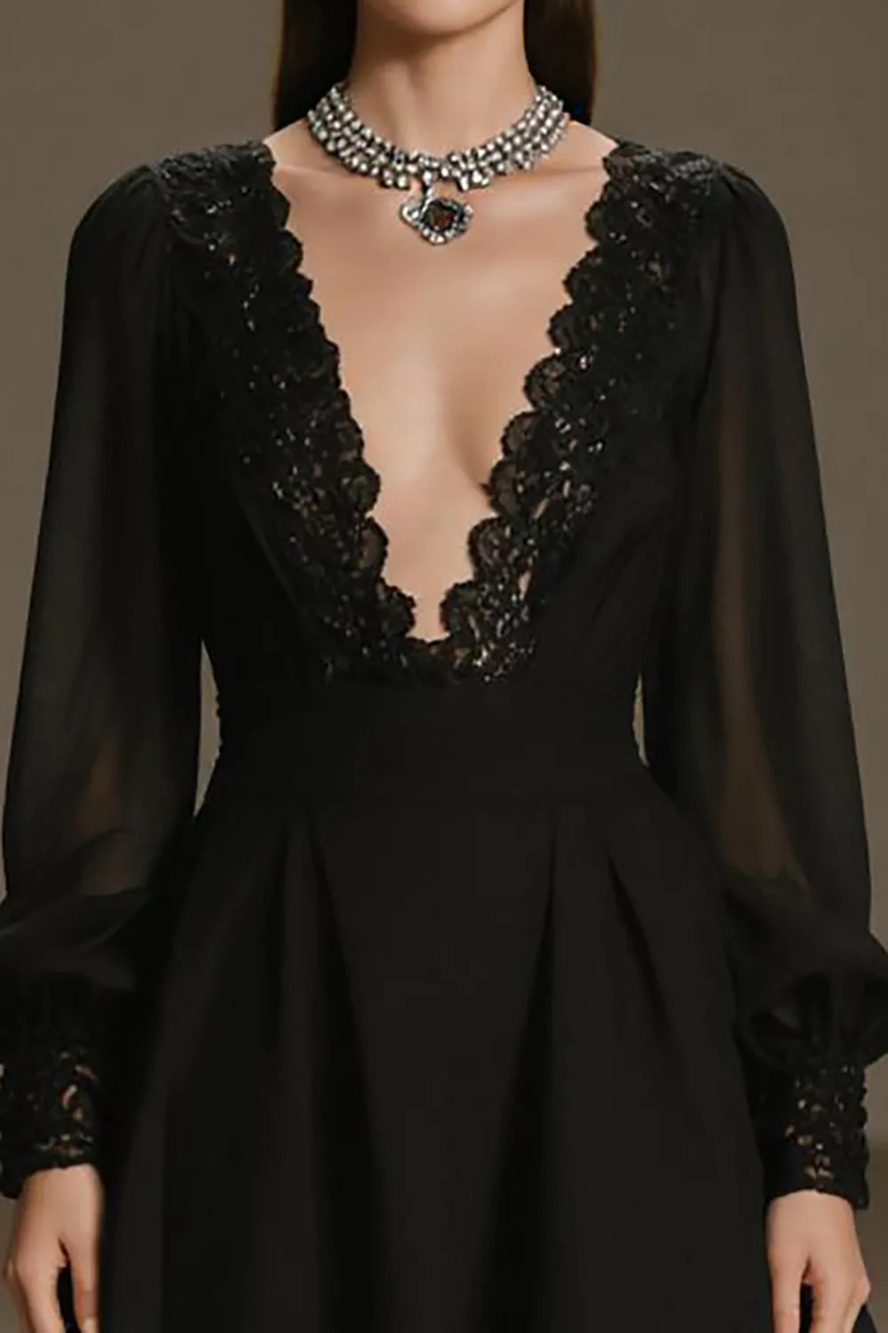 Black Chiffon Deep V-Neck A Line Short Cocktail Dress with Sleeves sold by Zapaka product image thumbnail 3