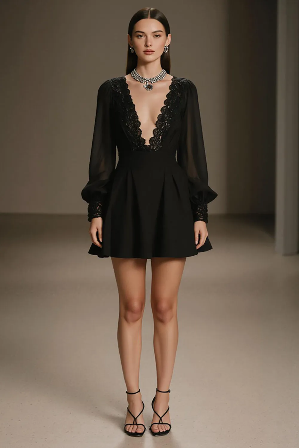 Black Chiffon Deep V-Neck A Line Short Cocktail Dress with Sleeves sold by Zapaka