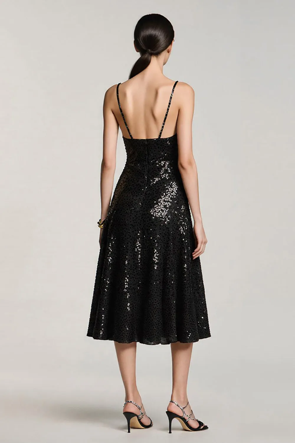 Sparkly Black Sequin A Line Spaghetti Straps Midi Cocktail Dress sold by Zapaka product image thumbnail 2