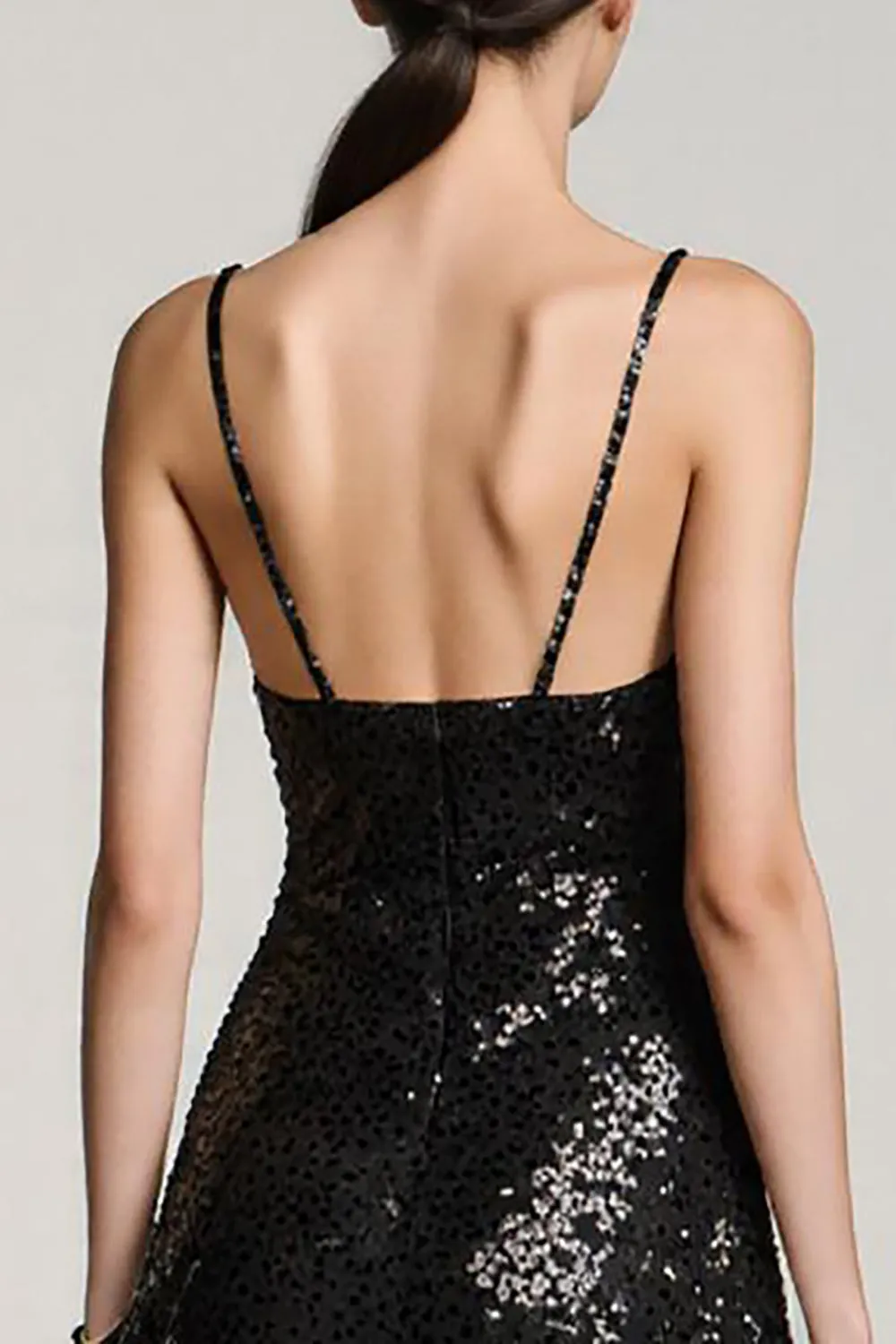 Sparkly Black Sequin A Line Spaghetti Straps Midi Cocktail Dress sold by Zapaka product image thumbnail 3