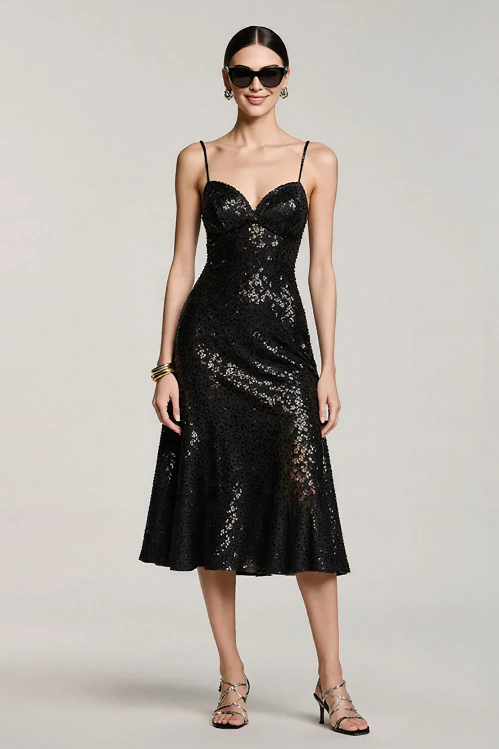 Sparkly Black Sequin A Line Spaghetti Straps Midi Cocktail Dress sold by Zapaka