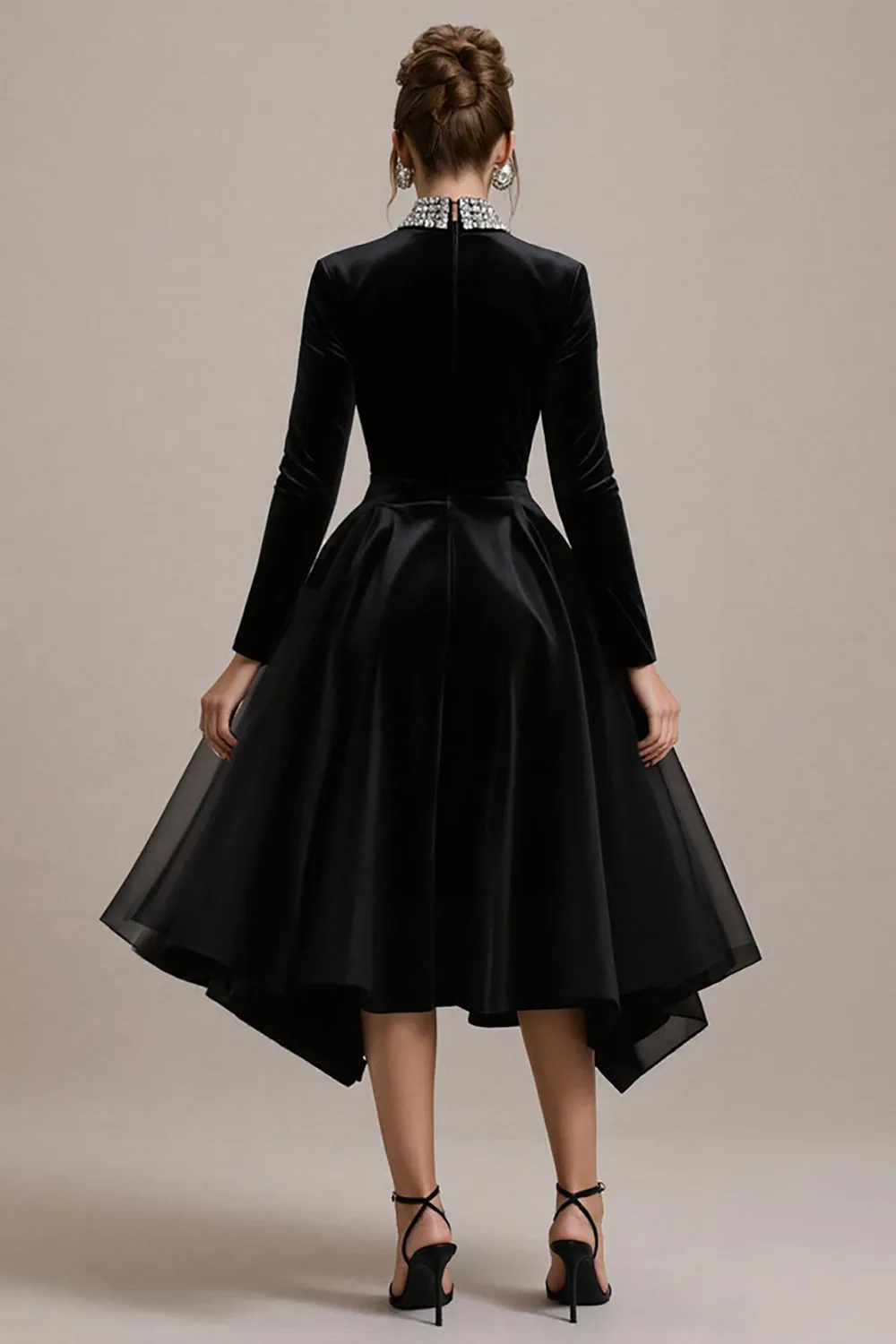 Black Velvet A Line Midi Cocktail Dress with Sleeves sold by Zapaka product image thumbnail 2