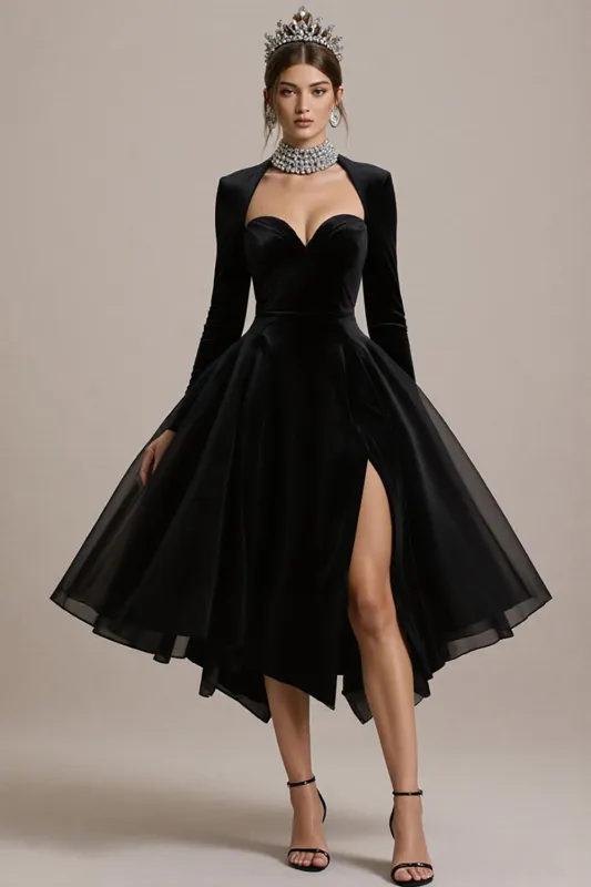 Black Velvet A Line Midi Cocktail Dress with Sleeves sold by Zapaka