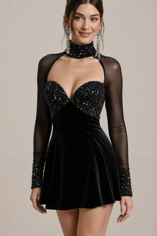 Sparkly Black Velvet Beaded A Line Short Cocktail Dress with Sleeves sold by Zapaka