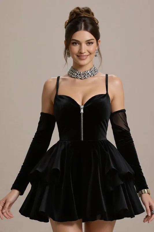 Black Velvet Ruffled Tiered A Line Short Cocktail Dress sold by Zapaka